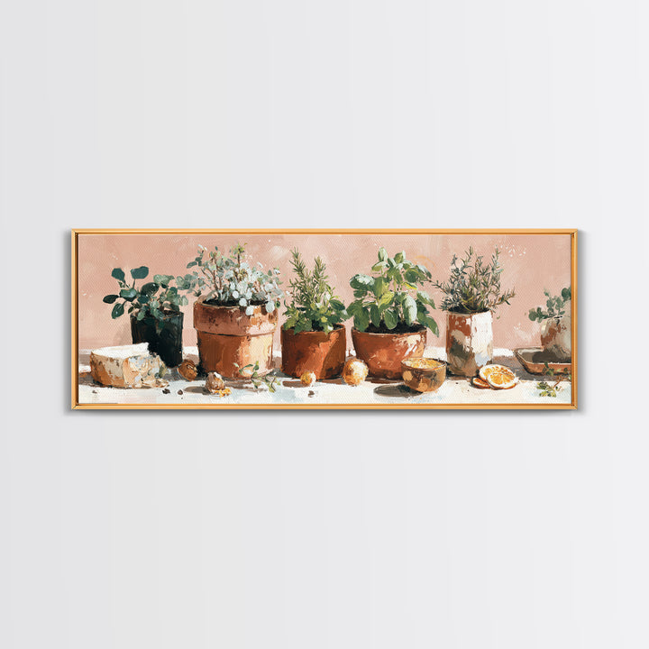 Fresh Herbs in Terracotta Pots Framed Canvas Print, Kitchen Art, Kitchen Wall Decor, Kitchen Decor, Fine Art, Kitchen, KIT-3x1-17
