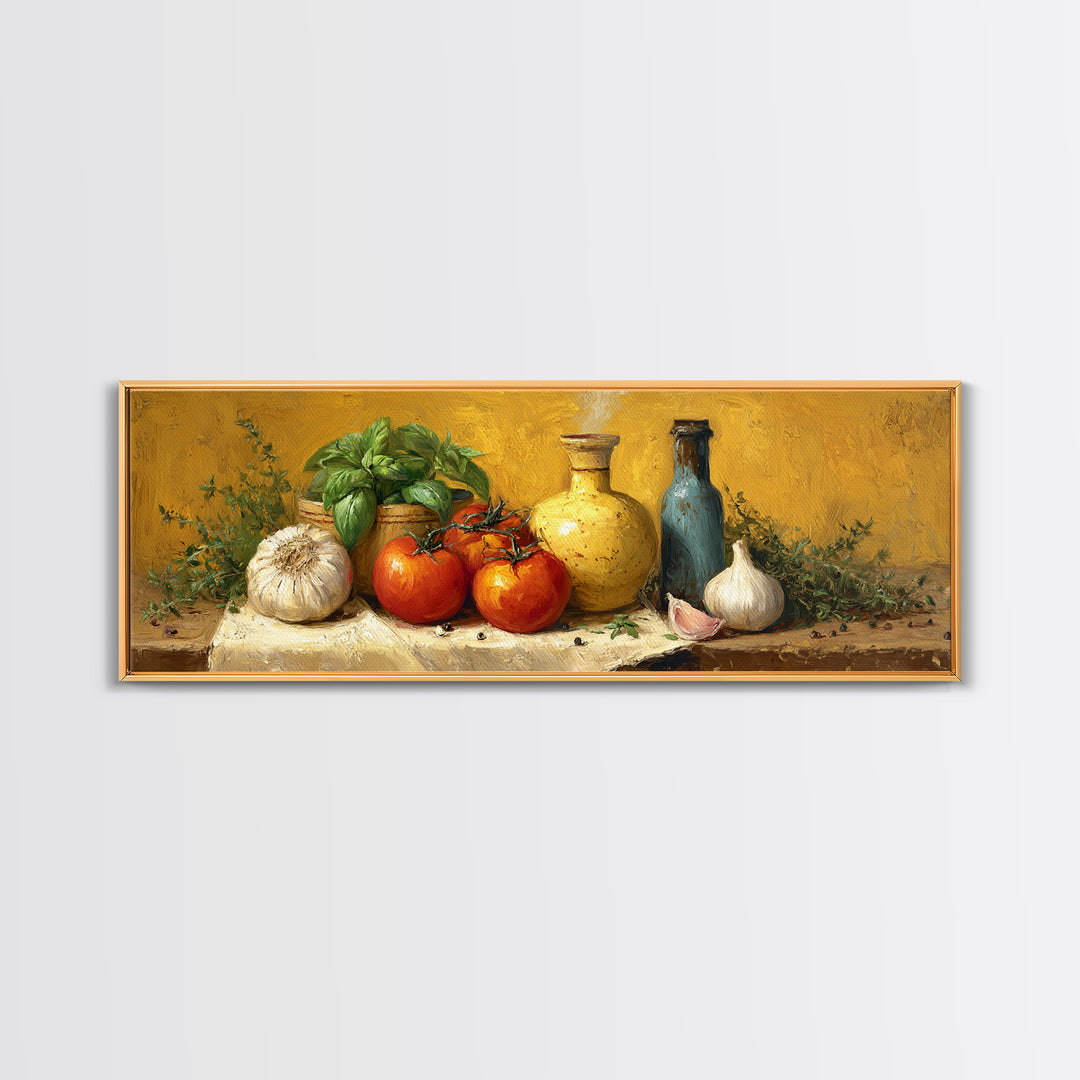 Tomatoes Garlic and Basil on Linen Canvas Print, Kitchen Art, Statement Artwork, Kitchen Decor, Abstract Art, Kitchen, KIT-3x1-19