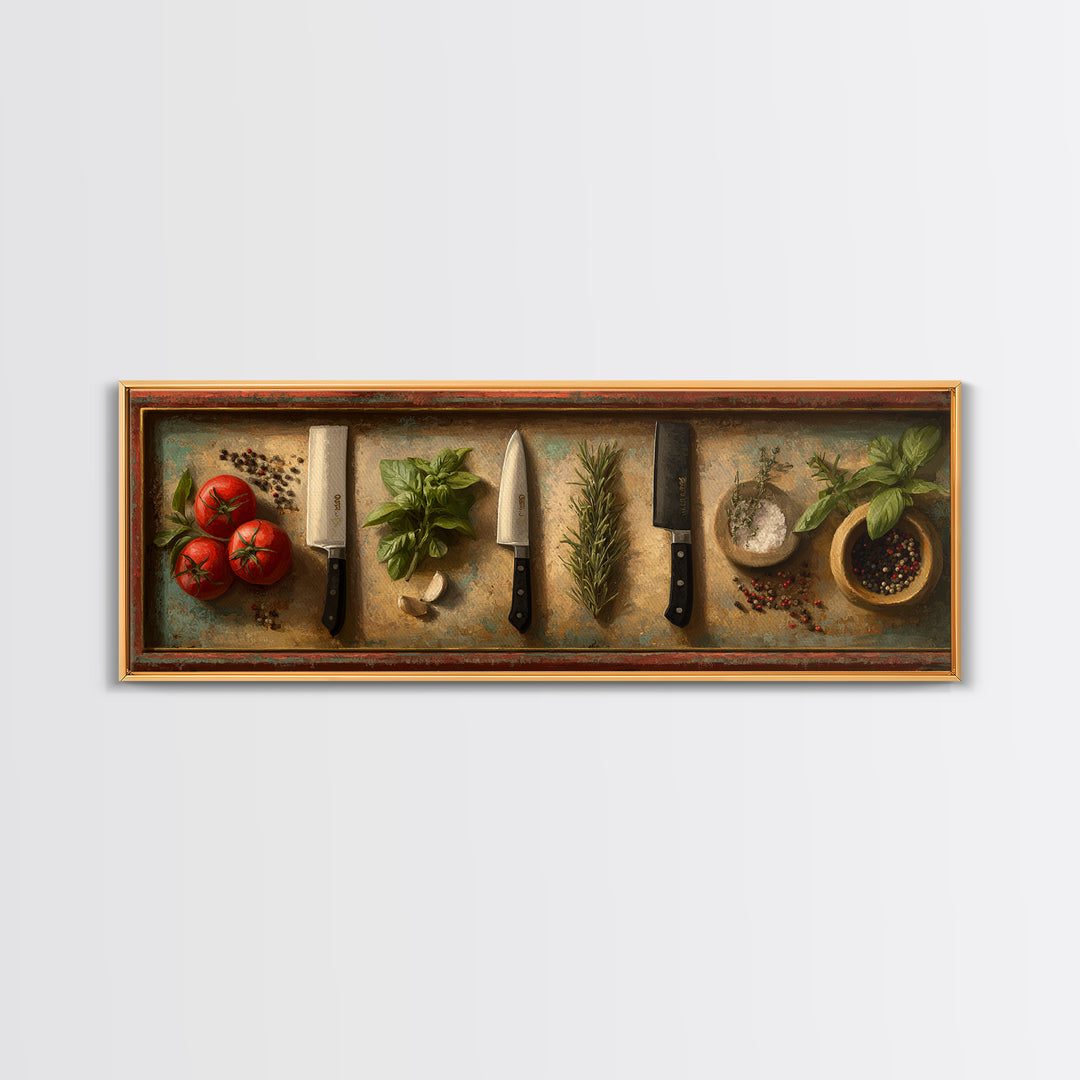 Chef Knives and Herbs Arranged as Graphic Framed Canvas Print, Kitchen Art, Prints, Kitchen Decor, Fine Art, Kitchen, KIT-3x1-2