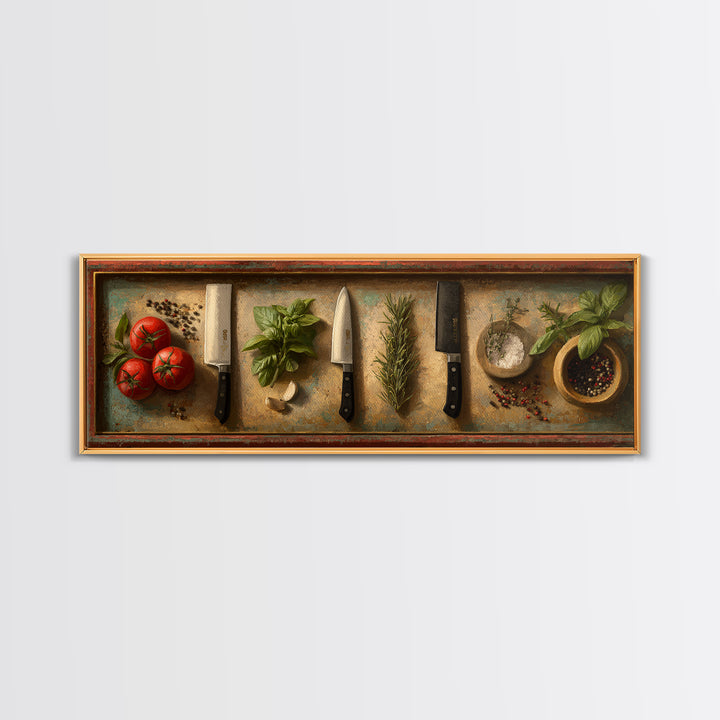 Chef Knives and Herbs Arranged as Graphic Framed Canvas Print, Kitchen Art, Prints, Kitchen Decor, Fine Art, Kitchen, KIT-3x1-2