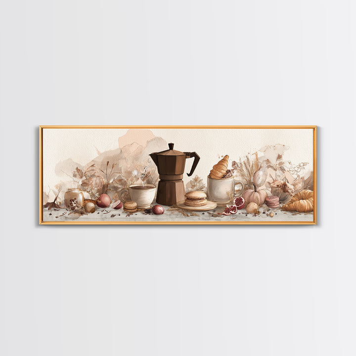 Coffee Pot and Croissant Morning Still Life Framed Canvas Print, Kitchen Art, Boho Decor, Kitchen Decor, Fine Art, Kitchen, KIT-3x1-23