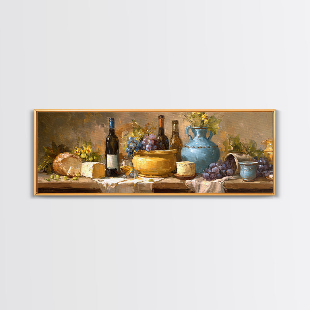 Wine Bottle Grapes and Cheese Still Life Framed Canvas Print, Kitchen Art, Coffee Print, Kitchen Decor, Oil Painting, Kitchen, KIT-3x1-28