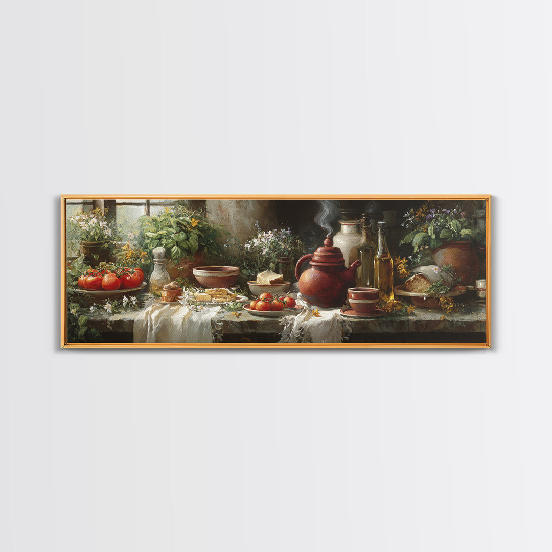 Tea Kettle with Steam and Wildflowers Canvas Print, Kitchen Art, Wall Art, Kitchen Decor, Watercolor Art, Kitchen, KIT-3x1-30