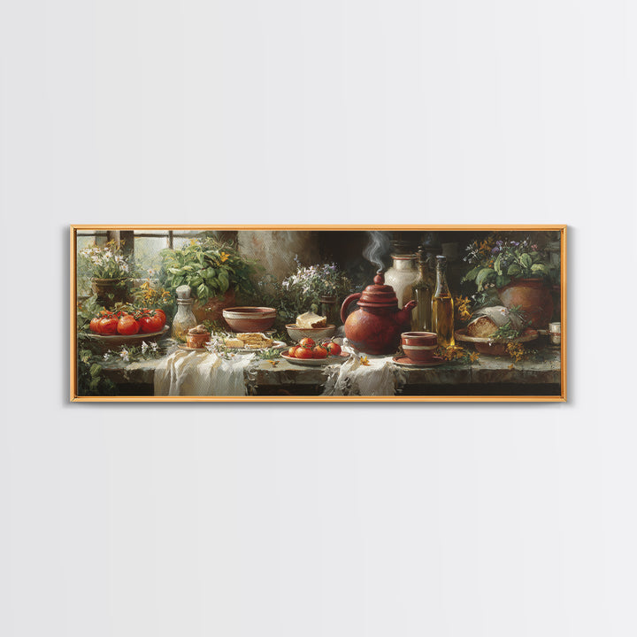 Tea Kettle with Steam and Wildflowers Canvas Print, Kitchen Art, Wall Art, Kitchen Decor, Watercolor Art, Kitchen, KIT-3x1-30