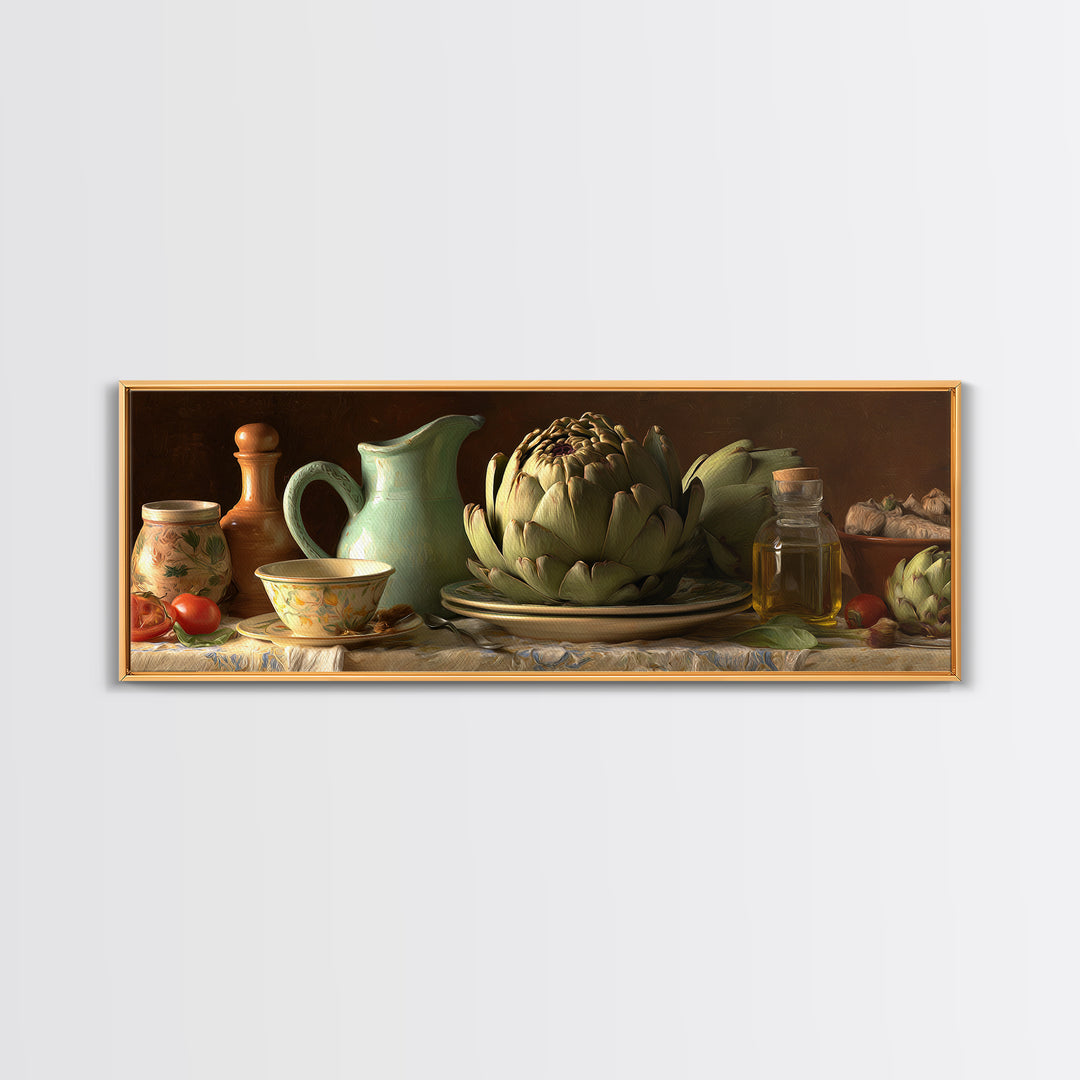 Artichoke Closeup in Painterly Green Tones Canvas Print, Kitchen Art, Bar Cart Decor, Kitchen Decor, Fine Art, Kitchen, KIT-3x1-36