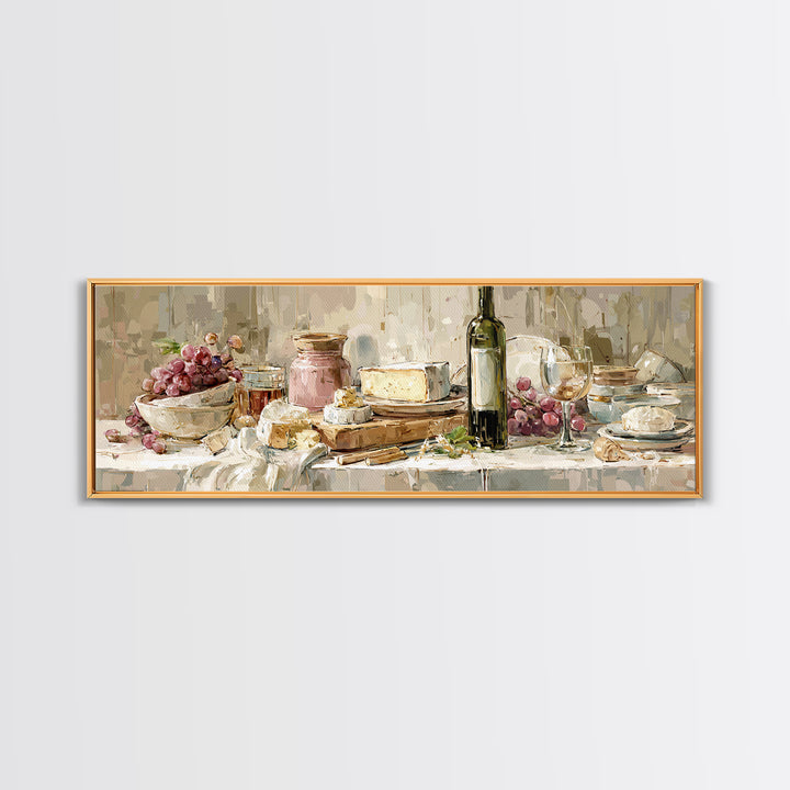 Wine Bottle Grapes and Cheese Still Life Canvas Print, Kitchen Art, Kitchen Prints, Kitchen Decor, Watercolor Art, Kitchen, KIT-3x1-4