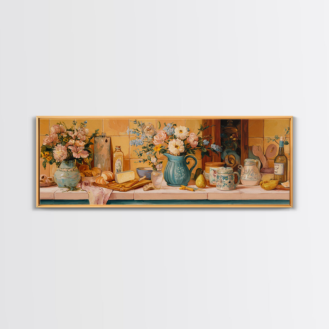 Floral Bouquet in a Kitchen Pitcher Canvas Print, Kitchen Art, Gallery Decor, Kitchen Decor, Oil Painting, Kitchen, KIT-3x1-40