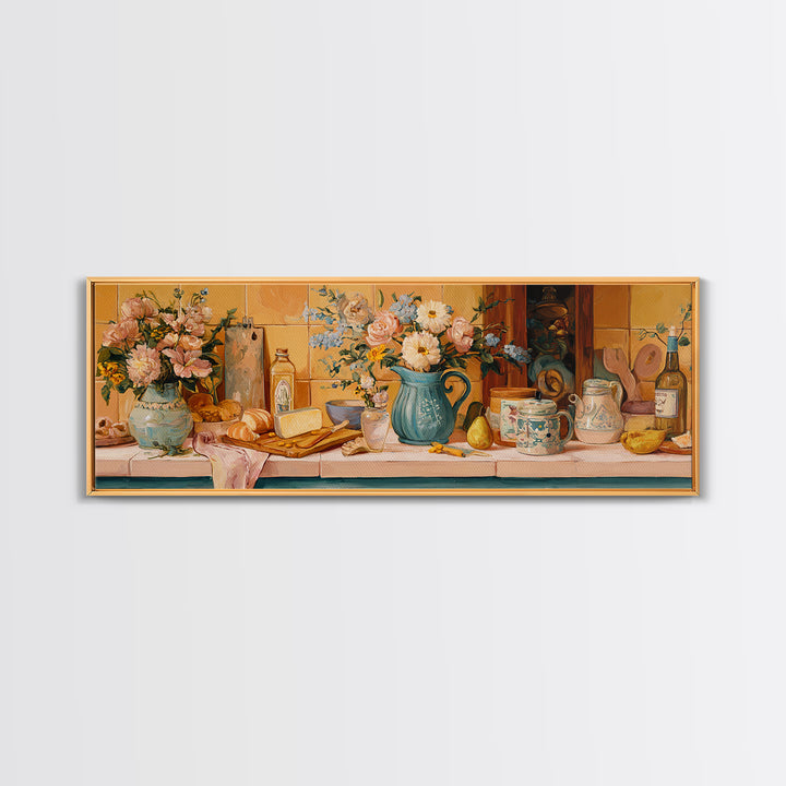 Floral Bouquet in a Kitchen Pitcher Canvas Print, Kitchen Art, Gallery Decor, Kitchen Decor, Oil Painting, Kitchen, KIT-3x1-40