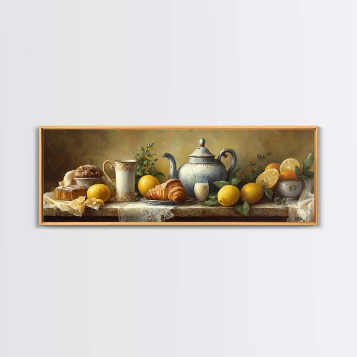 Coffee Pot and Croissant Morning Still Life Framed Canvas Print, Kitchen Art, Kitchen, Kitchen Decor, Oil Painting, Kitchen, KIT-3x1-47