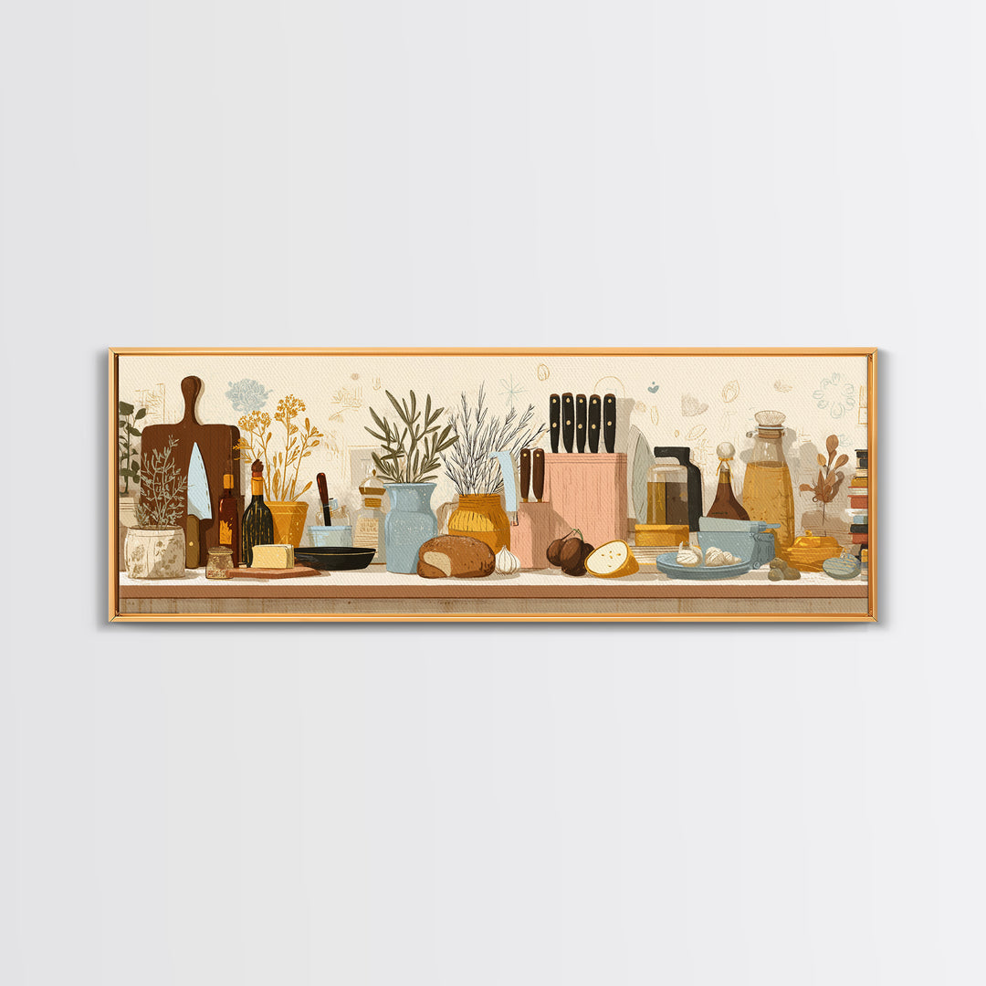 Chef Knives and Herbs Arranged as Graphic Canvas Print, Kitchen Art, Art Deco, Kitchen Decor, Watercolor Art, Kitchen, KIT-3x1-50