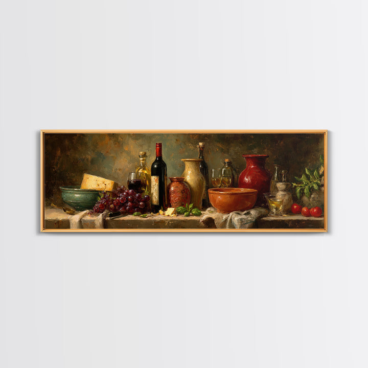 Wine Bottle Grapes and Cheese Still Life Framed Canvas Print, Kitchen Art, Room Decor, Kitchen Decor, Abstract Art, Kitchen, KIT-3x1-52