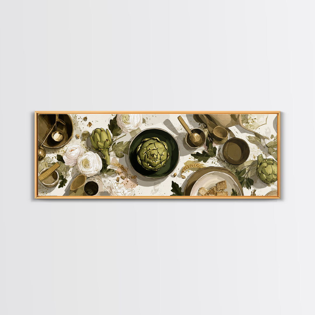 Artichoke Closeup in Painterly Green Tones Framed Canvas Print, Kitchen Art, Boho Decor, Kitchen Decor, Fine Art, Kitchen, KIT-3x1-60