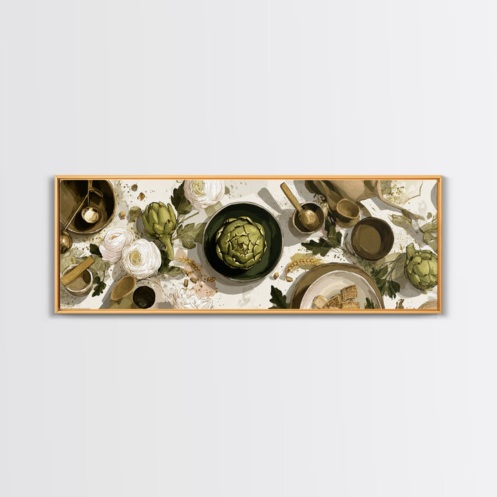 Artichoke Closeup in Painterly Green Tones Framed Canvas Print, Kitchen Art, Boho Decor, Kitchen Decor, Fine Art, Kitchen, KIT-3x1-60