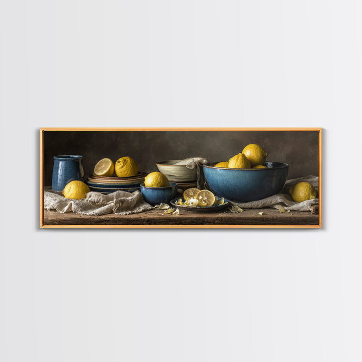 Lemons and Blue Ceramic Bowl Still Life Canvas Print, Kitchen Art, Printable Art, Kitchen Decor, Kitchen, Coffee Wall Art, KIT-3x1-66