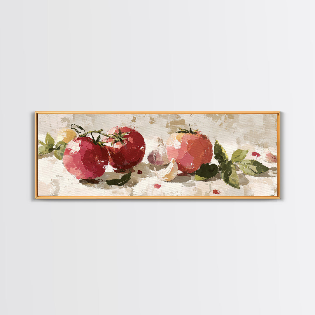 Tomatoes Garlic and Basil on Linen Framed Canvas Print, Kitchen Art, Digital Art, Kitchen Decor, Kitchen, Minimalist Wall Art, KIT-3x1-67