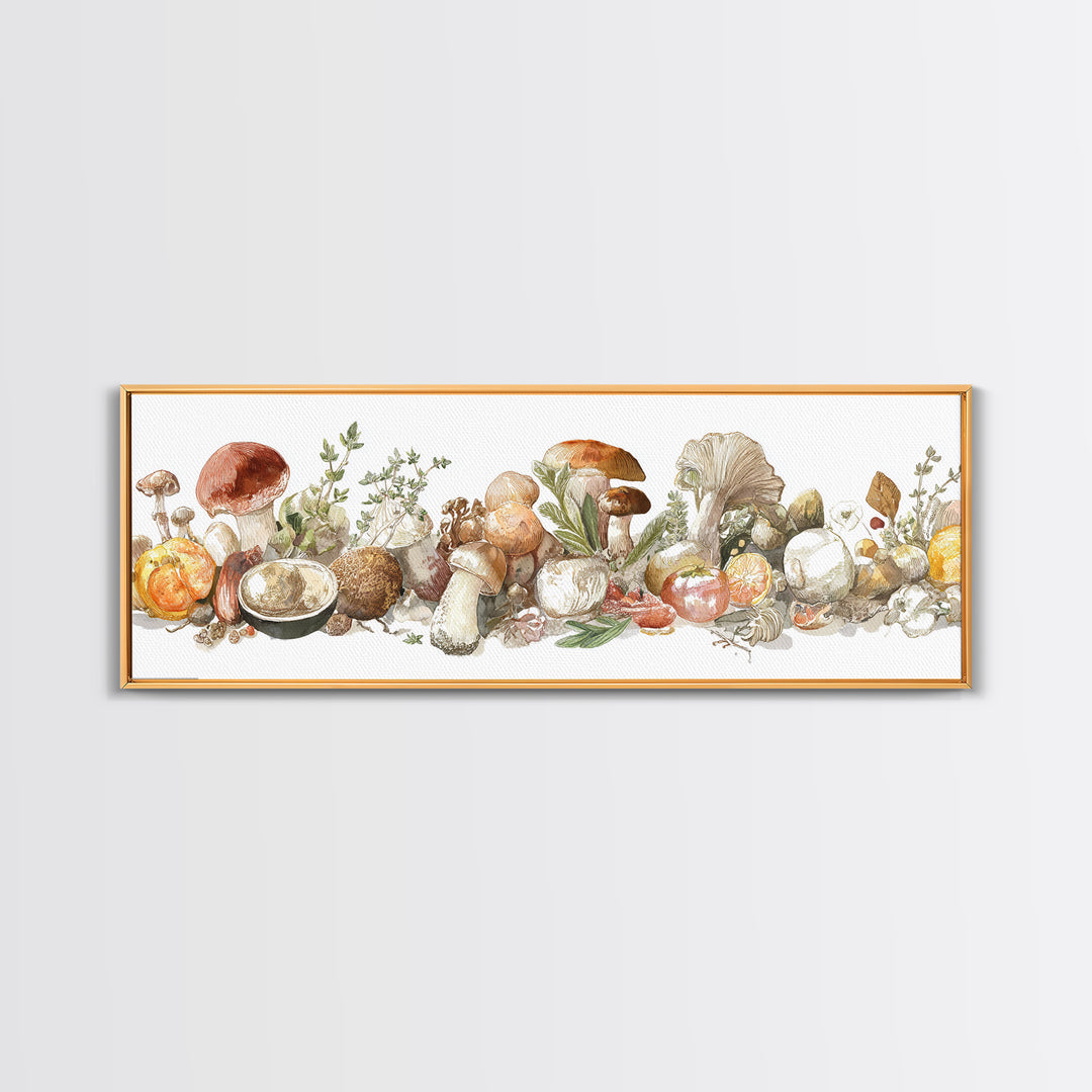 Mushrooms and Thyme Botanical Study Framed Canvas Print, Kitchen Art, Neutral Decor, Kitchen Decor, Fine Art, Kitchen, KIT-3x1-7