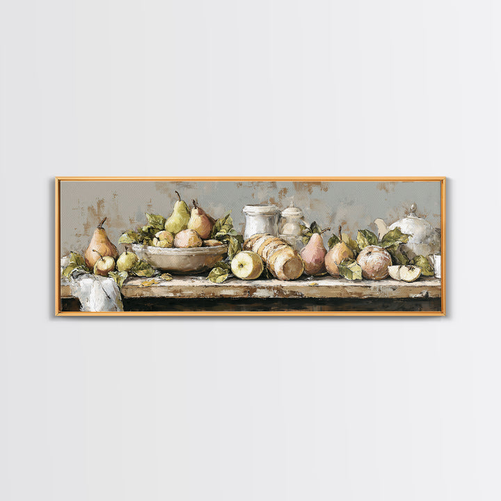 Farmhouse Pears on a Wooden Board Framed Canvas Print, Kitchen Art, Dining Room Wall Art, Kitchen Decor, Fine Art, Kitchen, KIT-3x1-73