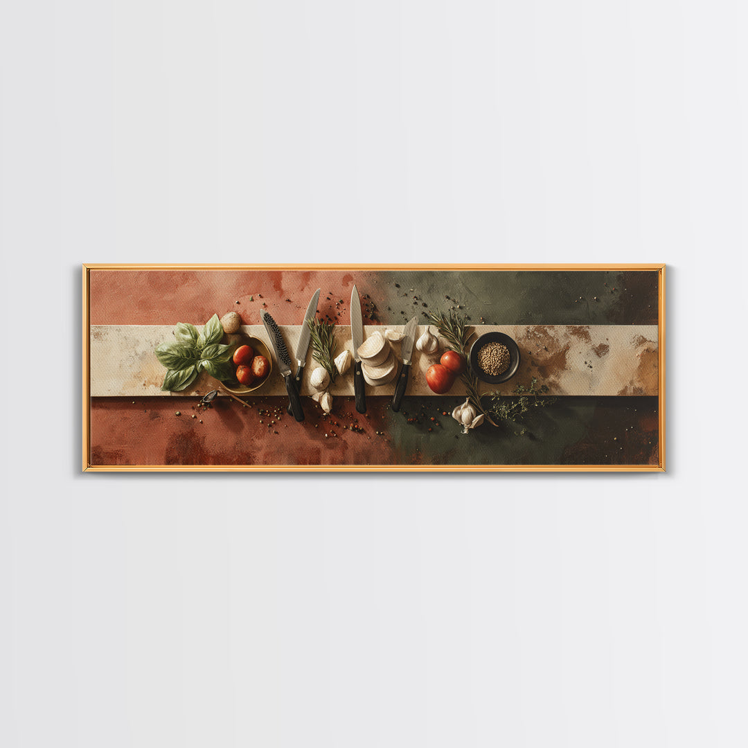 Chef Knives and Herbs Arranged as Graphic Framed Canvas Print, Kitchen Art, Kitchen Decor, Oil Painting, Kitchen, KIT-3x1-74