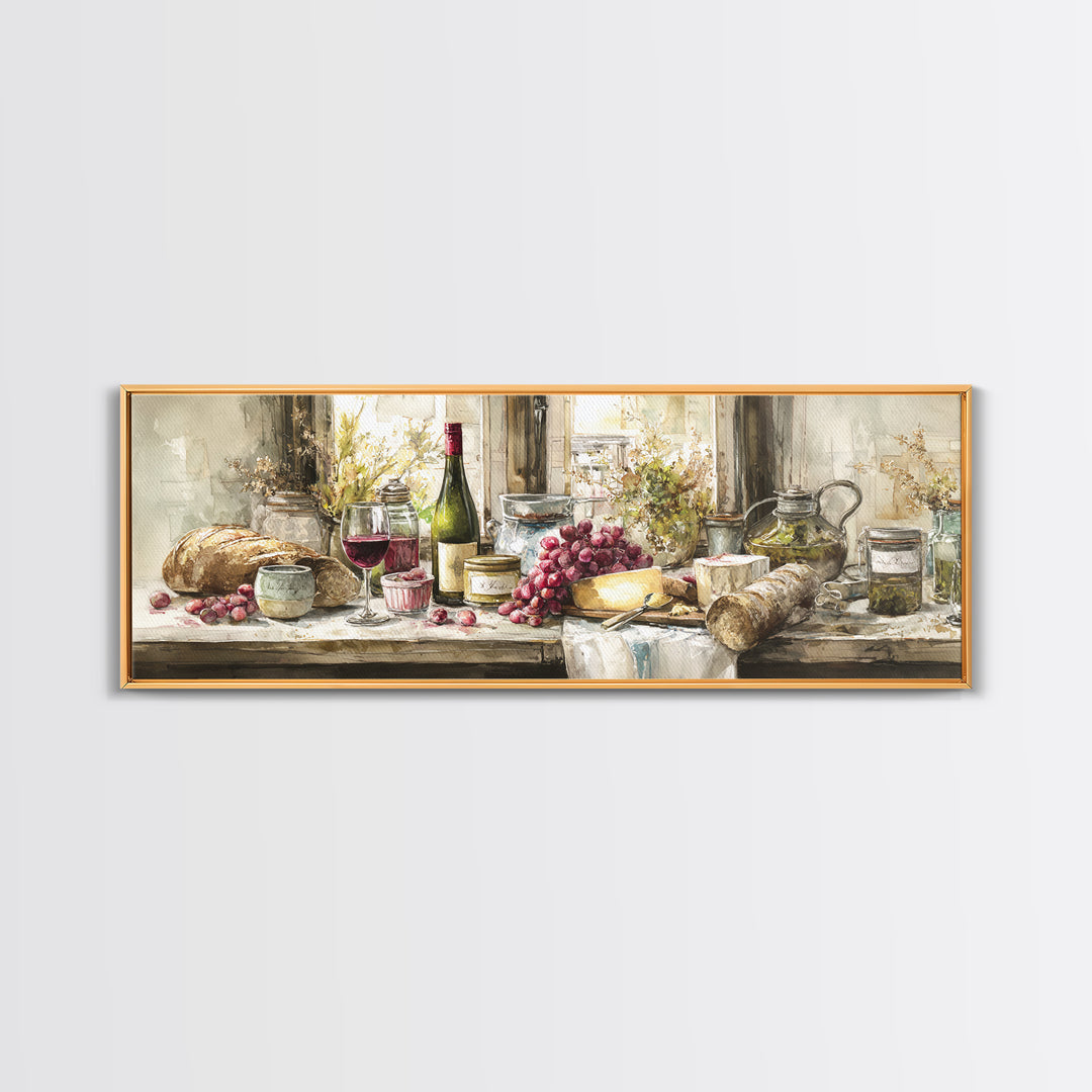 Wine Bottle Grapes and Cheese Still Life Canvas Print, Kitchen Art, Home Decor, Kitchen Decor, Fine Art, Kitchen, Digital Print, KIT-3x1-76