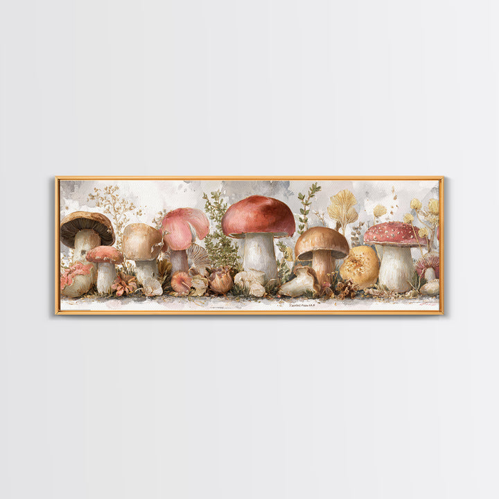 Mushrooms and Thyme Botanical Study Framed Canvas Print, Kitchen Art, Art Deco, Kitchen Decor, Watercolor Art, Kitchen, KIT-3x1-79