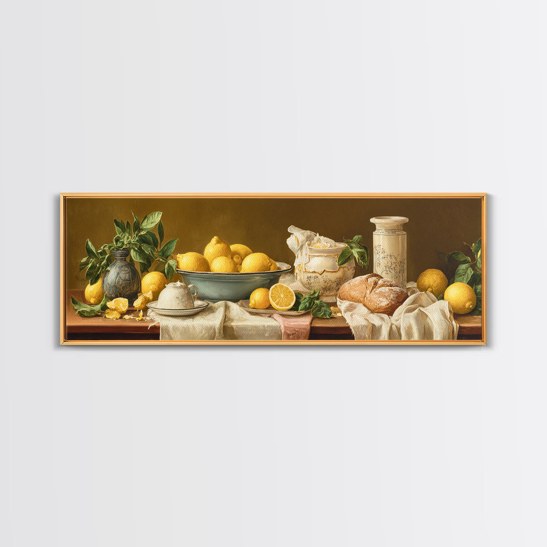 Pasta Lemons and Basil Mediterranean Still Life Framed Canvas Print, Kitchen Art, Coffee Art, Kitchen Decor, Fine Art, Kitchen, KIT-3x1-81