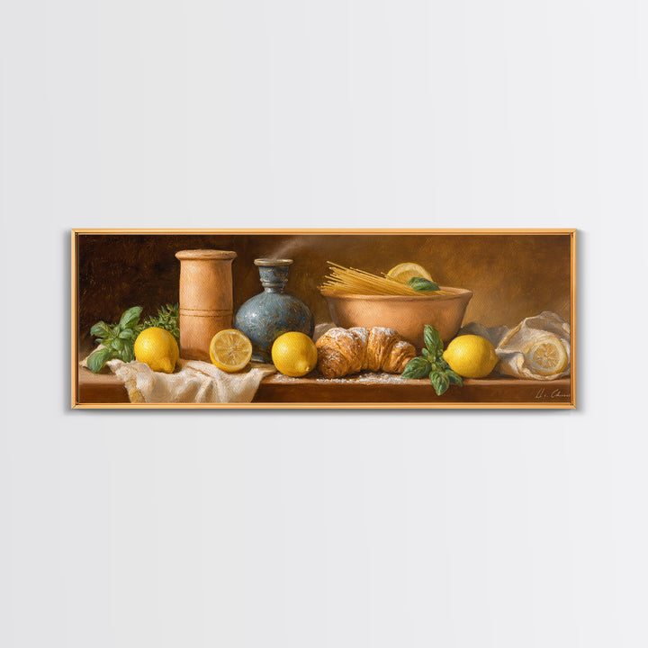 Pasta Lemons and Basil Mediterranean Still Life Framed Canvas Print, Kitchen Art, Digital Wall Art, Kitchen Decor, Kitchen, KIT-3x1-9