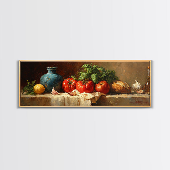 Tomatoes Garlic and Basil on Linen Canvas Print, Kitchen Art, Room Decor, Kitchen Decor, Abstract Art, Kitchen, Digital Art, KIT-3x1-91