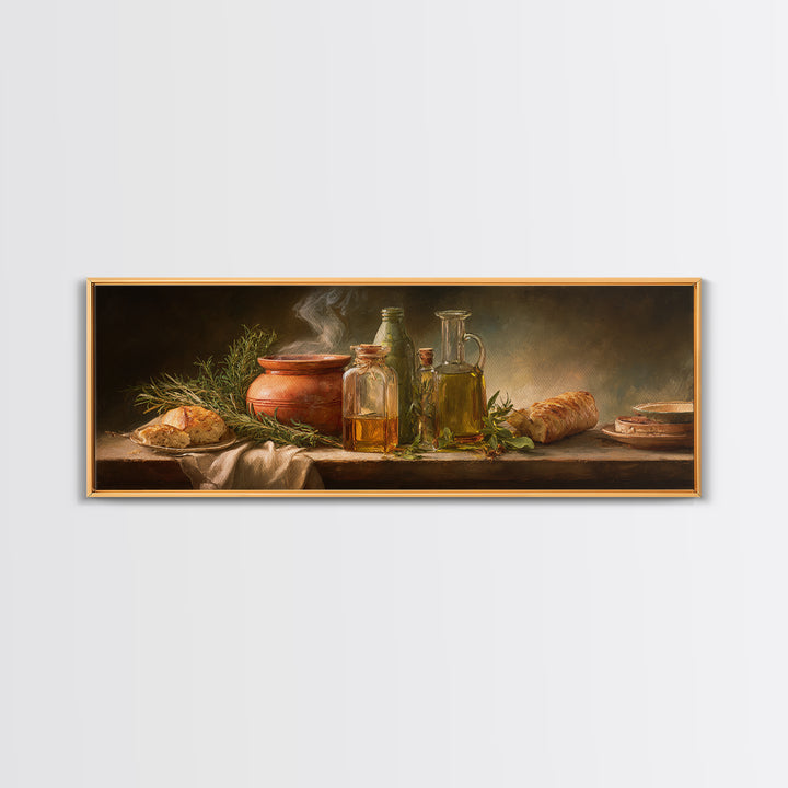 Olive Oil Bottle and Rosemary Branch Canvas Print, Kitchen Art, Bar Cart Decor, Kitchen Decor, Oil Painting, Kitchen, KIT-3x1-93