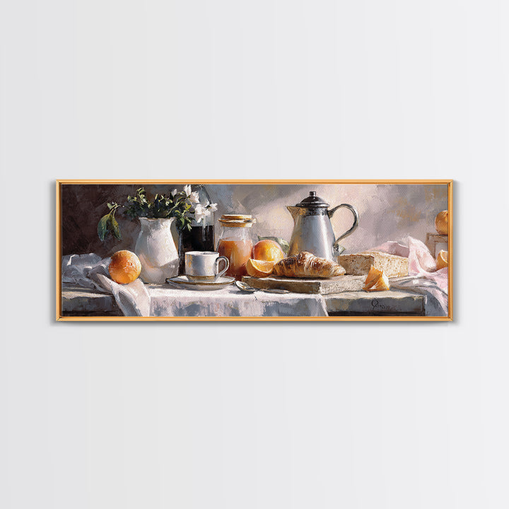 Coffee Pot and Croissant Morning Still Life Canvas Print, Kitchen Art, Textured Painting, Kitchen Decor, Oil Painting, Kitchen, KIT-3x1-95