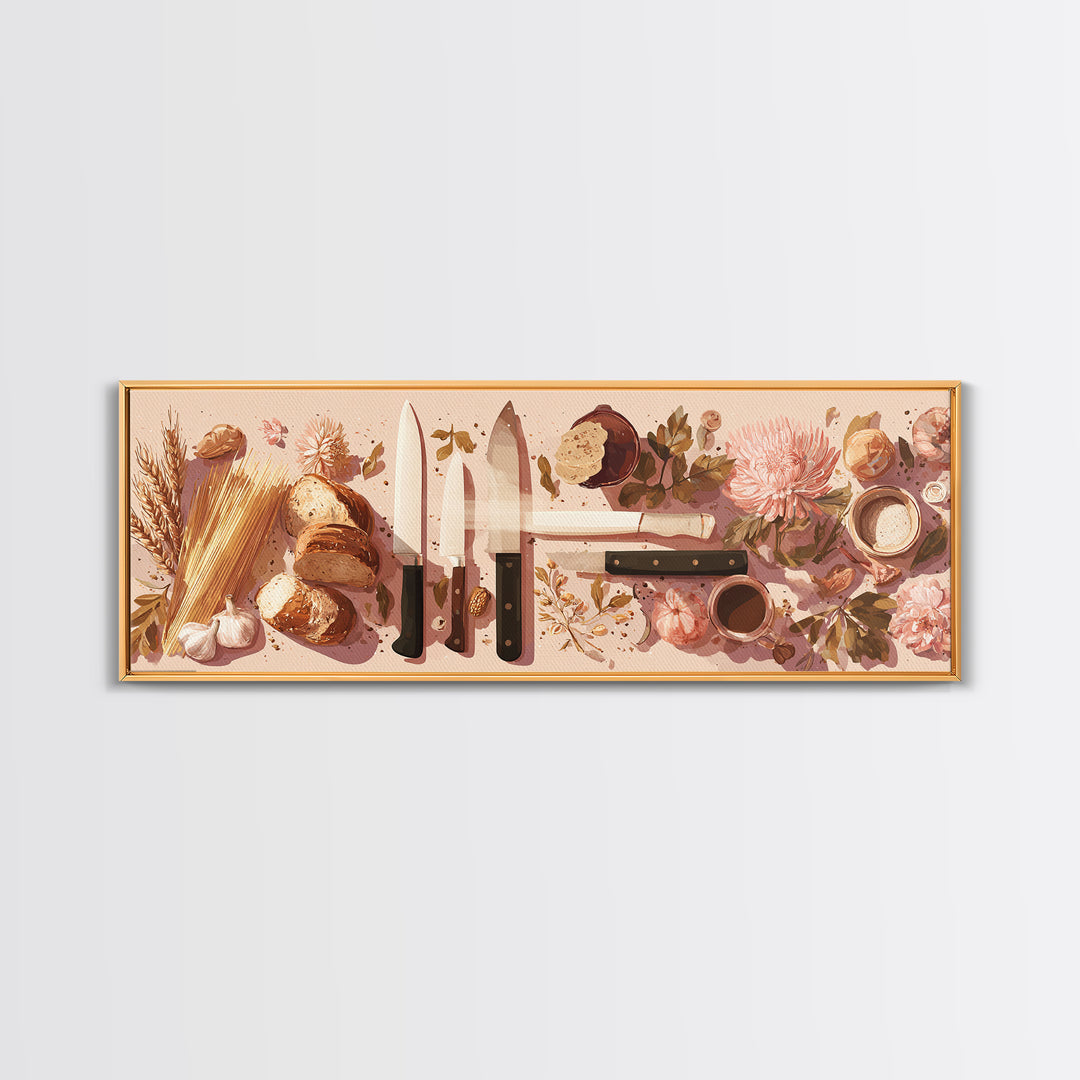 Chef Knives and Herbs Arranged as Graphic Canvas Print, Kitchen Art, Kitchen Prints, Kitchen Decor, Fine Art, Kitchen, KIT-3x1-98