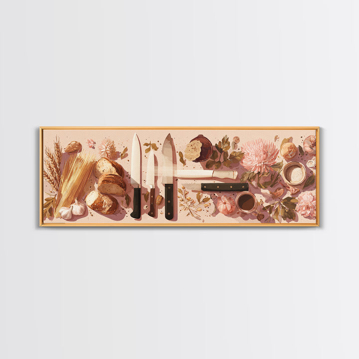 Chef Knives and Herbs Arranged as Graphic Canvas Print, Kitchen Art, Kitchen Prints, Kitchen Decor, Fine Art, Kitchen, KIT-3x1-98