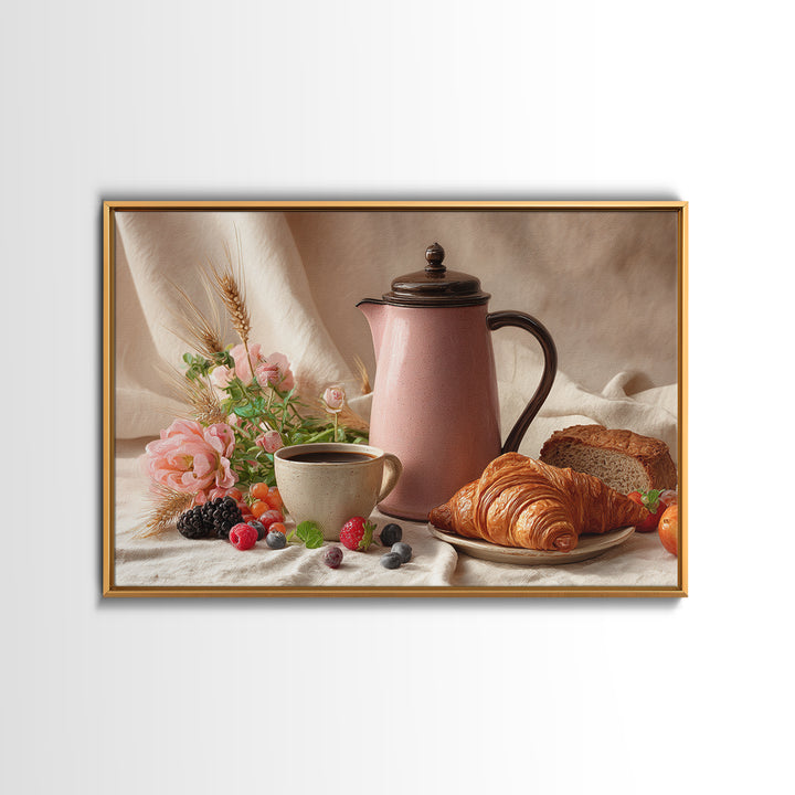 Coffee Pot and Croissant Morning Still Life Canvas Print, Kitchen Art, Coffee Art, Kitchen Decor, Kitchen, Fine Art Print, KIT-3x2-11