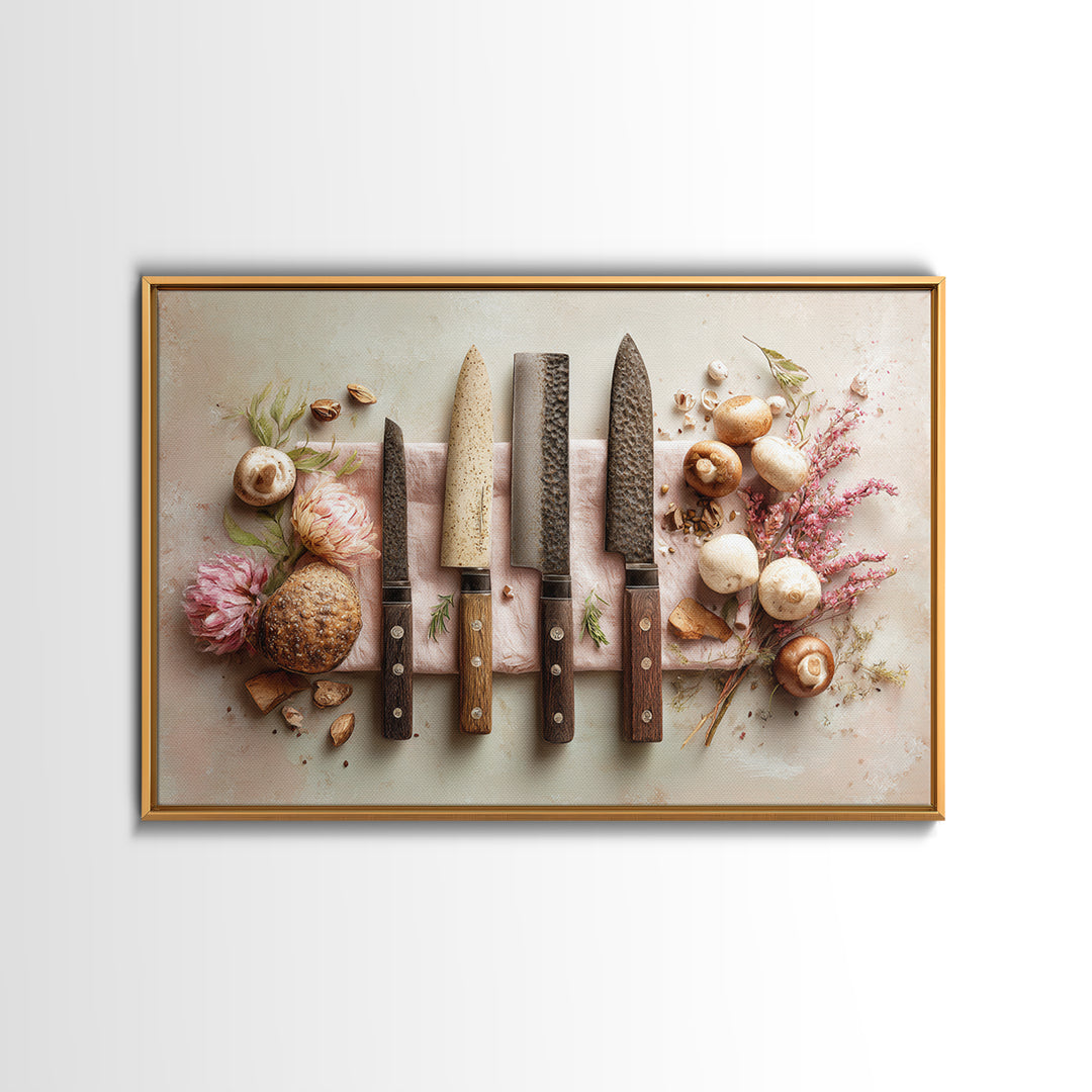 Chef Knives and Herbs Arranged as Graphic Framed Canvas Print, Kitchen Art, Art Prints, Kitchen Decor, Fine Art, Kitchen, KIT-3x2-14