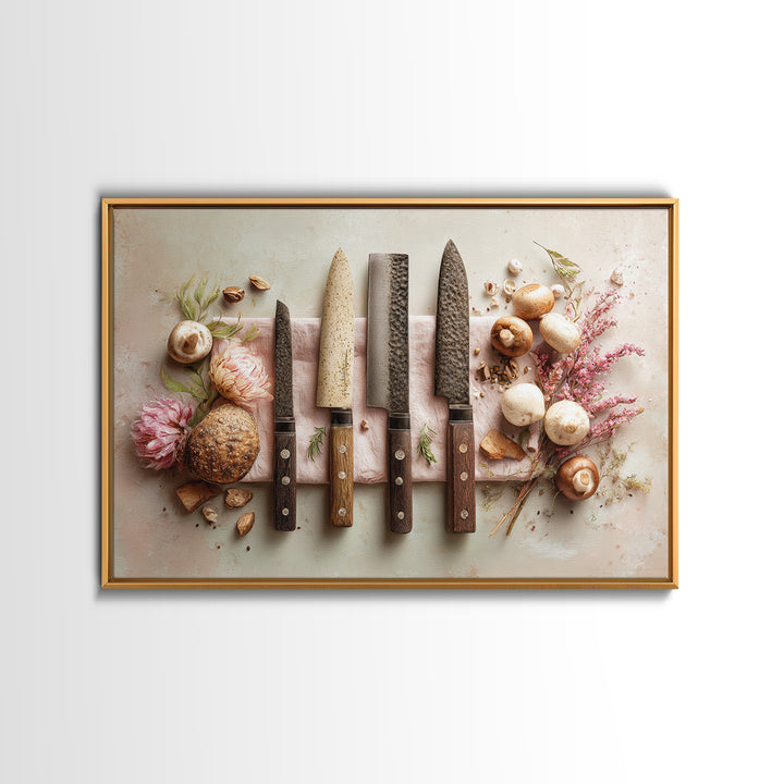Chef Knives and Herbs Arranged as Graphic Framed Canvas Print, Kitchen Art, Art Prints, Kitchen Decor, Fine Art, Kitchen, KIT-3x2-14