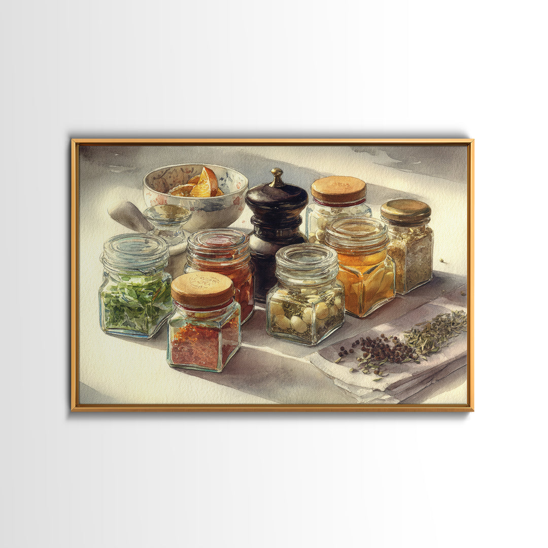 Watercolor Spice Jars Without Readable Labels Canvas Print, Kitchen Art, Kitchen Decor, Fine Art, Kitchen, Kitchen Art Print, KIT-3x2-17