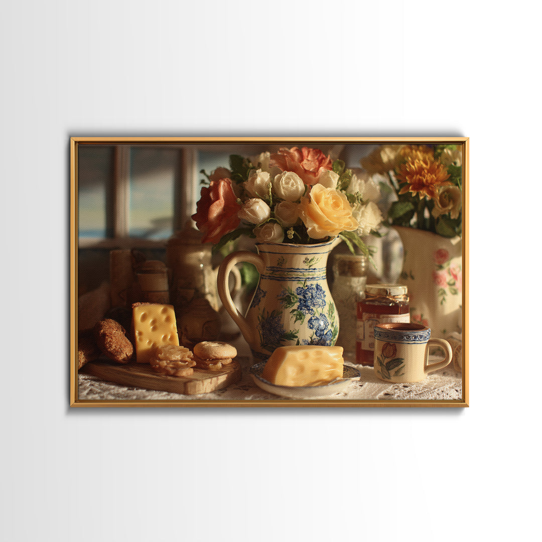 Floral Bouquet in a Kitchen Pitcher Framed Canvas Print, Kitchen Art, Art Deco, Kitchen Decor, Fine Art, Kitchen, Poster Art, KIT-3x2-28