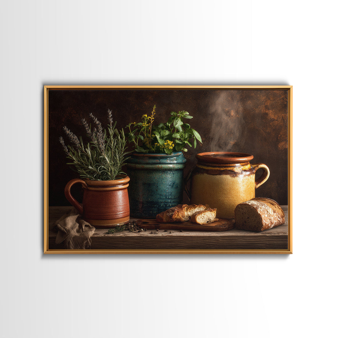 Fresh Herbs in Terracotta Pots Canvas Print, Kitchen Art, Dining Room Wall Art, Kitchen Decor, Fine Art, Kitchen, Luxury Decor, KIT-3x2-29