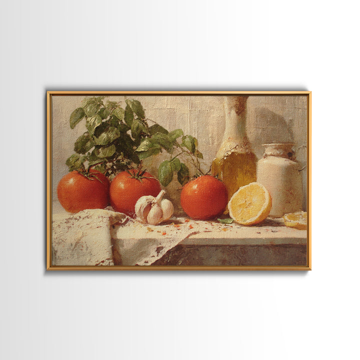 Tomatoes Garlic and Basil on Linen Framed Canvas Print, Kitchen Art, Trendy Wall Art, Kitchen Decor, Abstract Art, Kitchen, KIT-3x2-31