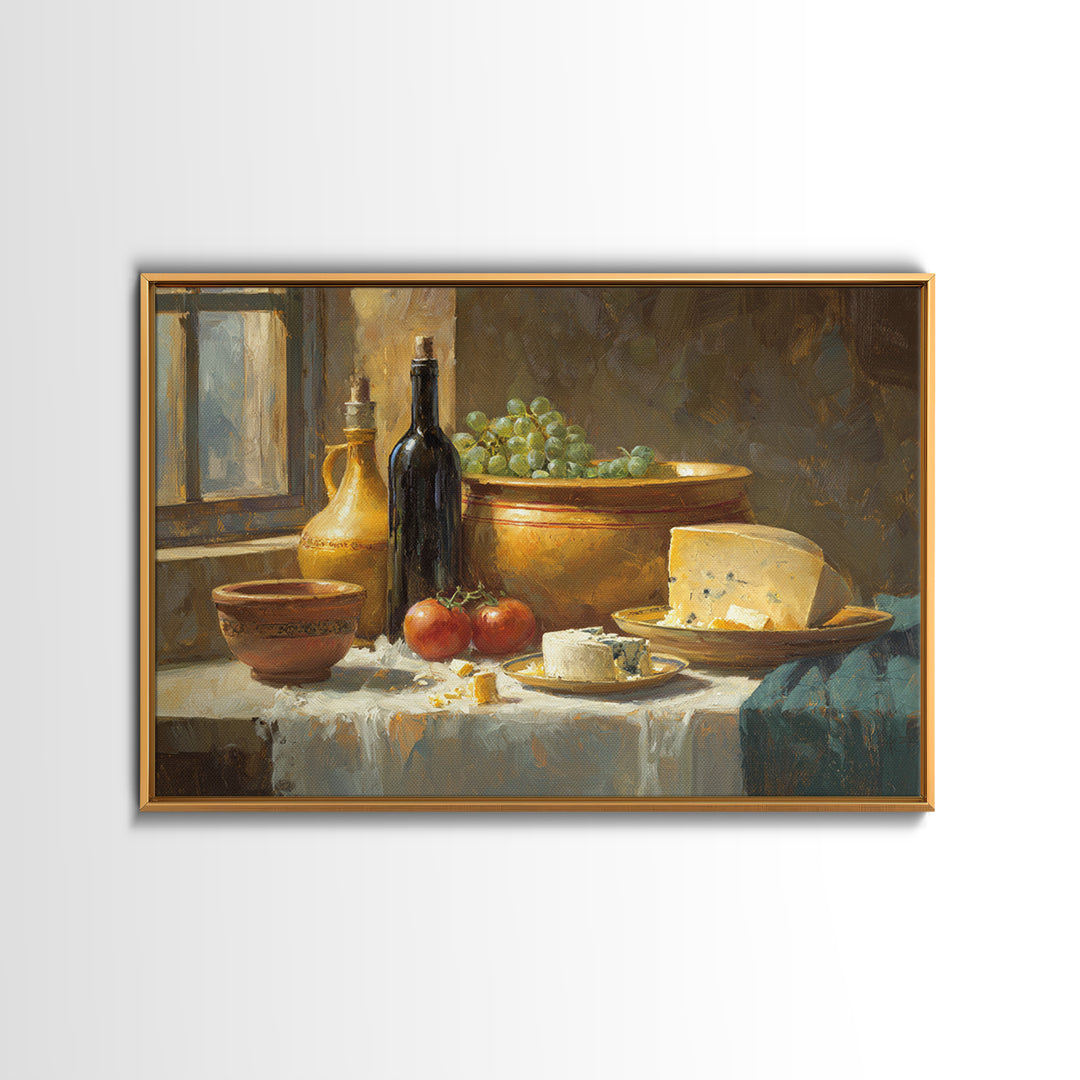 Wine Bottle Grapes and Cheese Still Life Framed Canvas Print, Kitchen Art, Modern Art, Kitchen Decor, Oil Painting, Kitchen, KIT-3x2-40