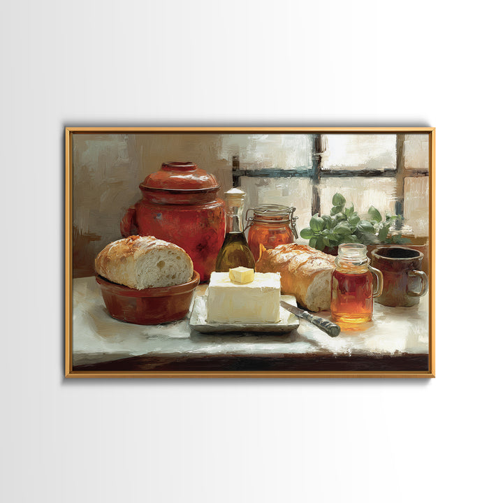 Fresh Bread with Butter and Honey Framed Canvas Print, Kitchen Art, Printable Art, Kitchen Decor, Kitchen, Coffee Wall Art, KIT-3x2-46