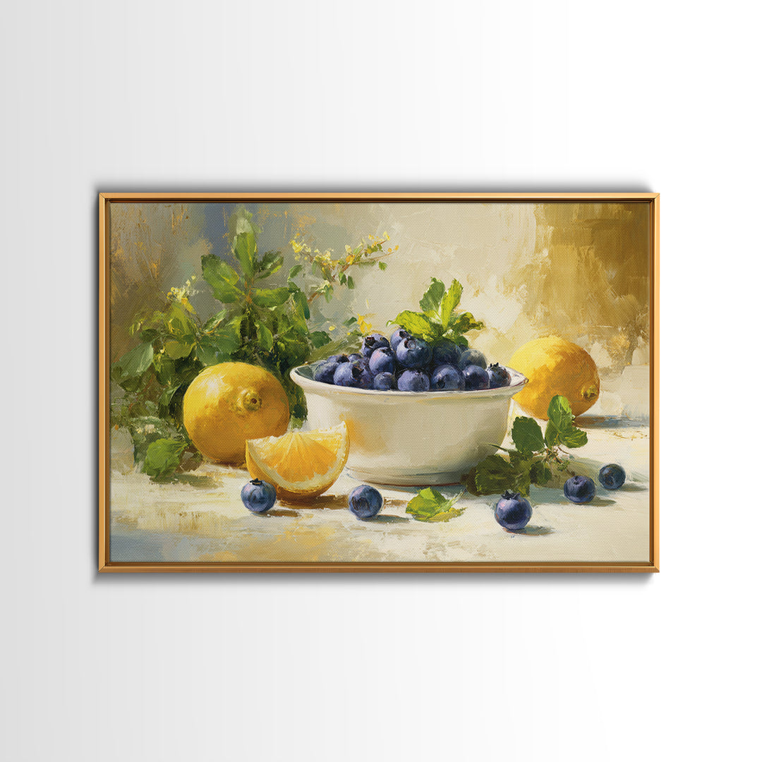 Blueberries in a White Bowl Framed Canvas Print, Kitchen Art, Room Decor, Kitchen Decor, Oil Painting, Kitchen, Digital Art, KIT-3x2-47