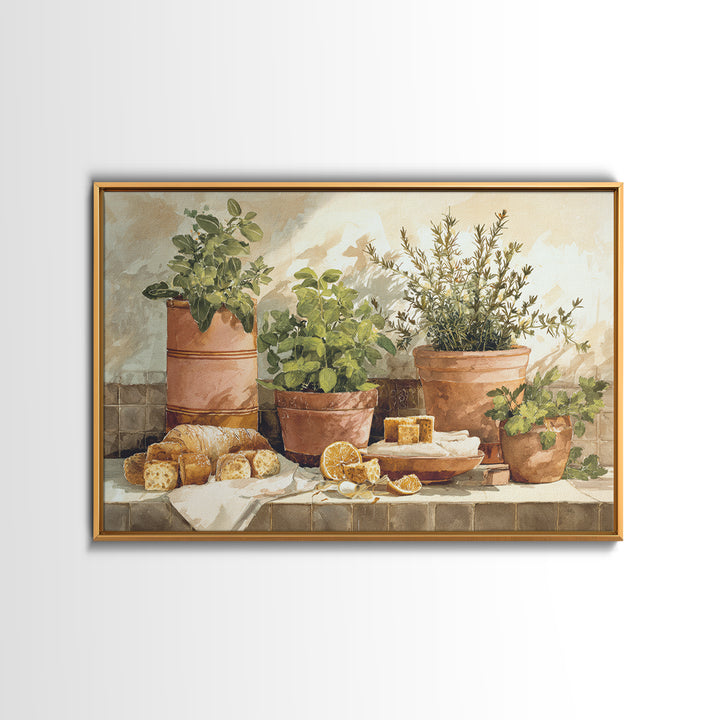 Fresh Herbs in Terracotta Pots Framed Canvas Print, Kitchen Art, Modern Art, Kitchen Decor, Fine Art, Kitchen, Neutral Decor, KIT-3x2-5