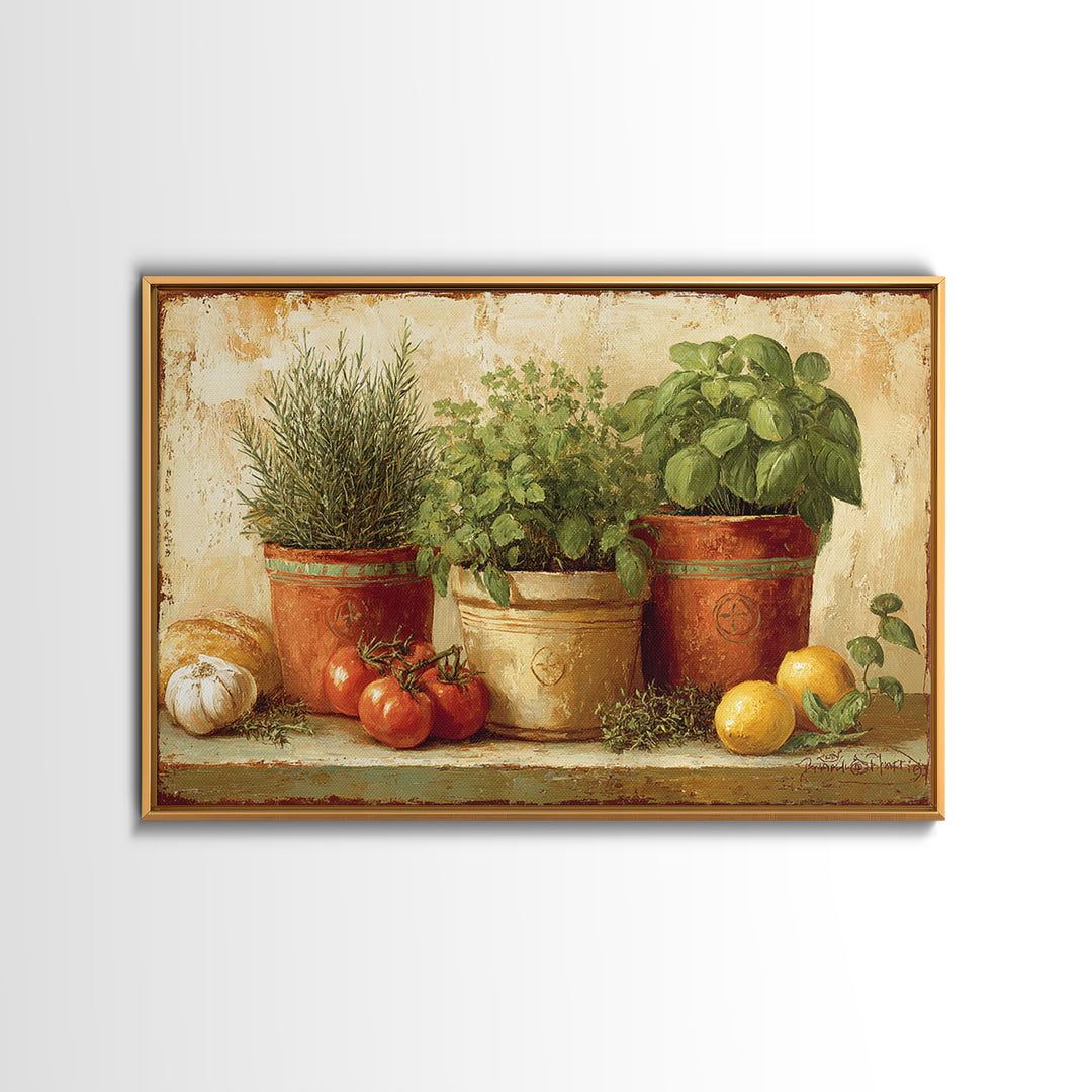 Fresh Herbs in Terracotta Pots Canvas Print, Kitchen Art, Dining Room Wall Art, Kitchen Decor, Fine Art, Kitchen, Luxury Decor, KIT-3x2-53