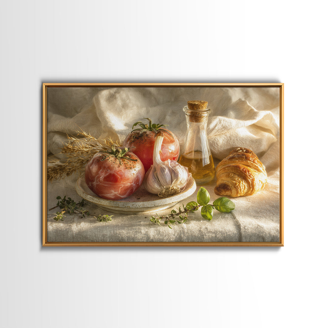 Tomatoes Garlic and Basil on Linen Framed Canvas Print, Kitchen Art, Kitchen, Kitchen Decor, Abstract Art, Kitchen, KIT-3x2-55