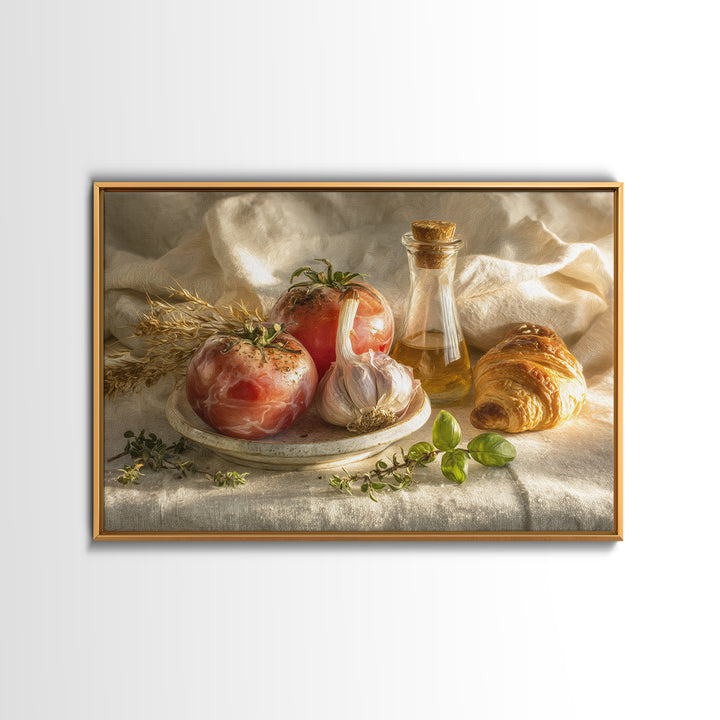 Tomatoes Garlic and Basil on Linen Framed Canvas Print, Kitchen Art, Kitchen, Kitchen Decor, Abstract Art, Kitchen, KIT-3x2-55