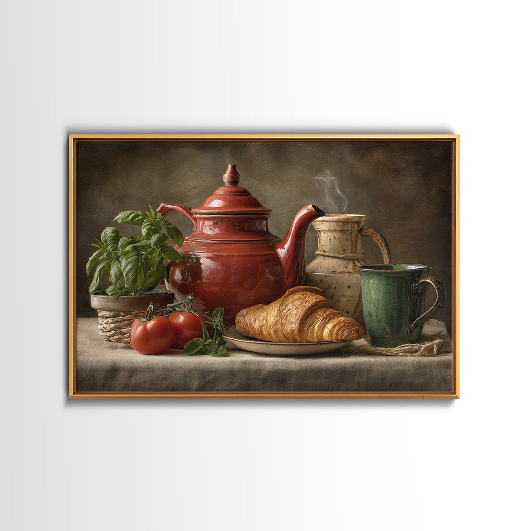 Coffee Pot and Croissant Morning Still Life Framed Canvas Print, Kitchen Art, Art Print, Kitchen Decor, Oil Painting, Kitchen, KIT-3x2-59