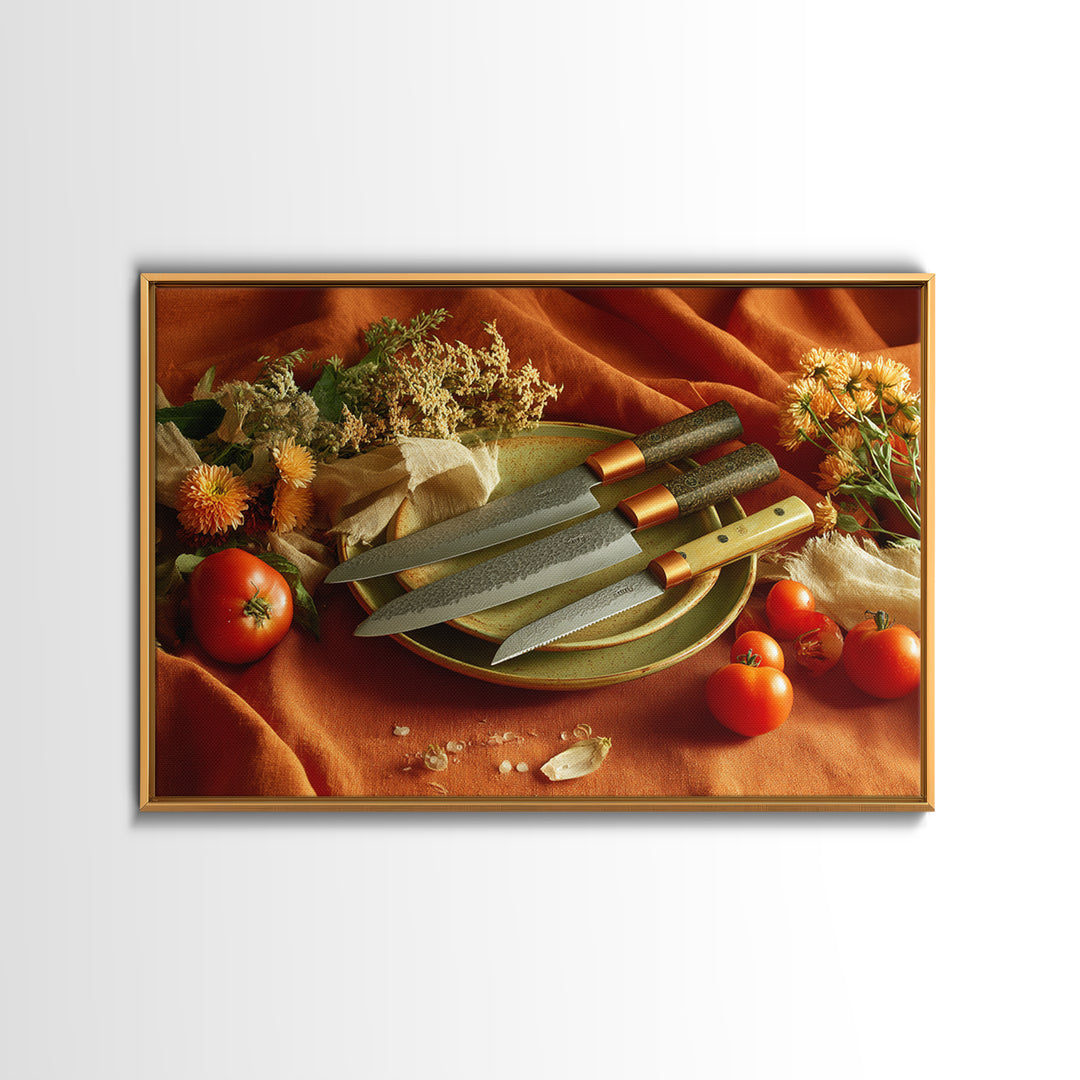 Chef Knives and Herbs Arranged as Graphic Canvas Print, Kitchen Art, Kitchen Wall Art, Kitchen Decor, Fine Art, Kitchen, KIT-3x2-62