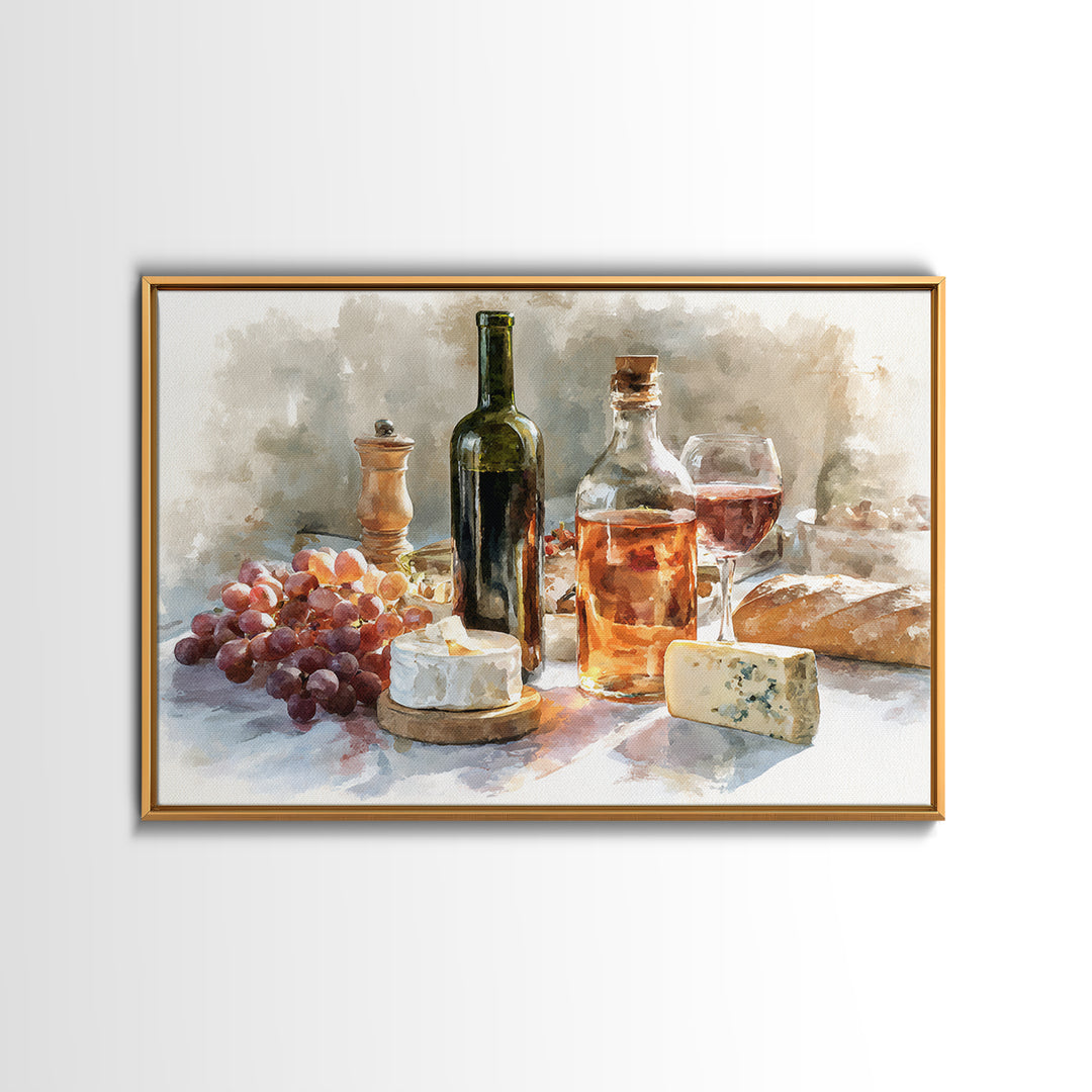 Wine Bottle Grapes and Cheese Still Life Framed Canvas Print, Kitchen Art, Gallery Decor, Kitchen Decor, Abstract Art, Kitchen, KIT-3x2-64