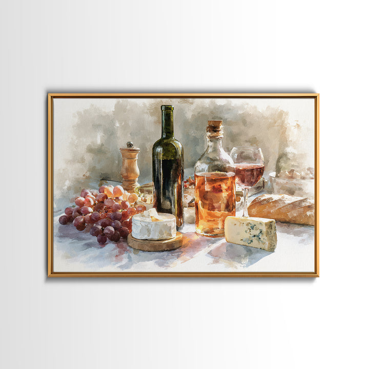 Wine Bottle Grapes and Cheese Still Life Framed Canvas Print, Kitchen Art, Gallery Decor, Kitchen Decor, Abstract Art, Kitchen, KIT-3x2-64