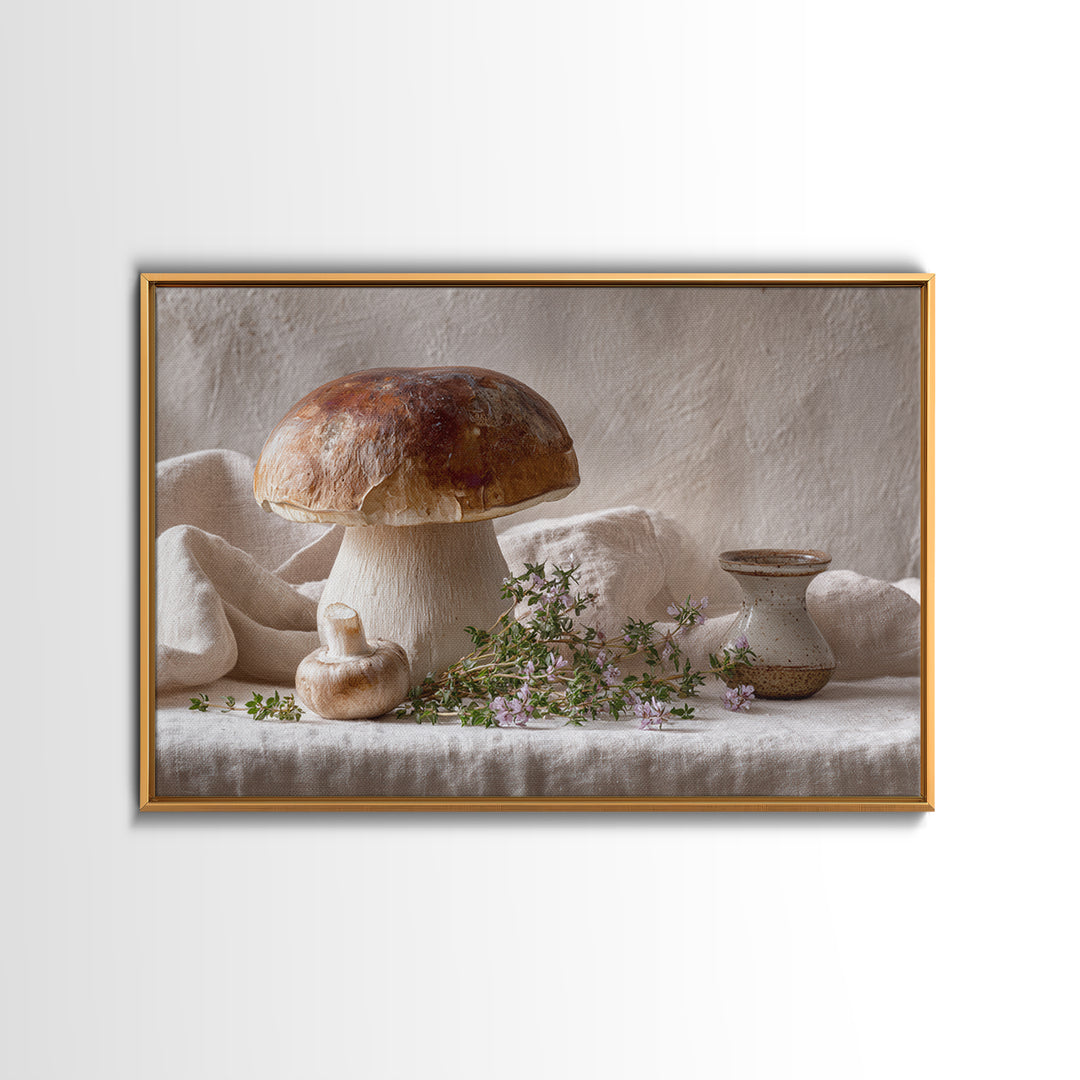 Mushrooms and Thyme Botanical Study Canvas Print, Kitchen Art, Textured Painting, Kitchen Decor, Watercolor Art, Kitchen, KIT-3x2-67